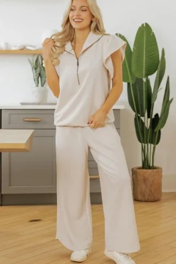 New Dear-Lover Textured Ruffled Sleeve Zipped Top and Wide Leg Pants Set Apricot