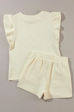 Outlet Dear-Lover Textured Ruffled Sleeve Tee and Drawstring Shorts Set Apricot