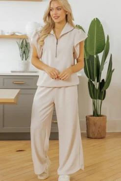 New Dear-Lover Textured Ruffled Sleeve Zipped Top and Wide Leg Pants Set Apricot