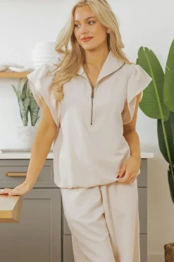 New Dear-Lover Textured Ruffled Sleeve Zipped Top and Wide Leg Pants Set Apricot