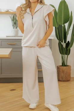 New Dear-Lover Textured Ruffled Sleeve Zipped Top and Wide Leg Pants Set Apricot