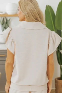 New Dear-Lover Textured Ruffled Sleeve Zipped Top and Wide Leg Pants Set Apricot