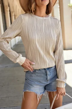 Discount Dear-Lover Textured Wavy Round Neck Long Sleeve Top Apricot