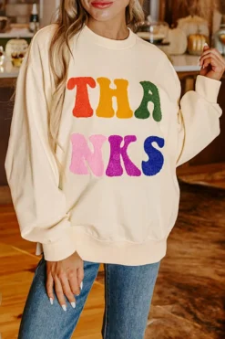 Online Dear-Lover THANKS Chenille Embroidered Drop Shoulder Graphic Sweatshirt Apricot