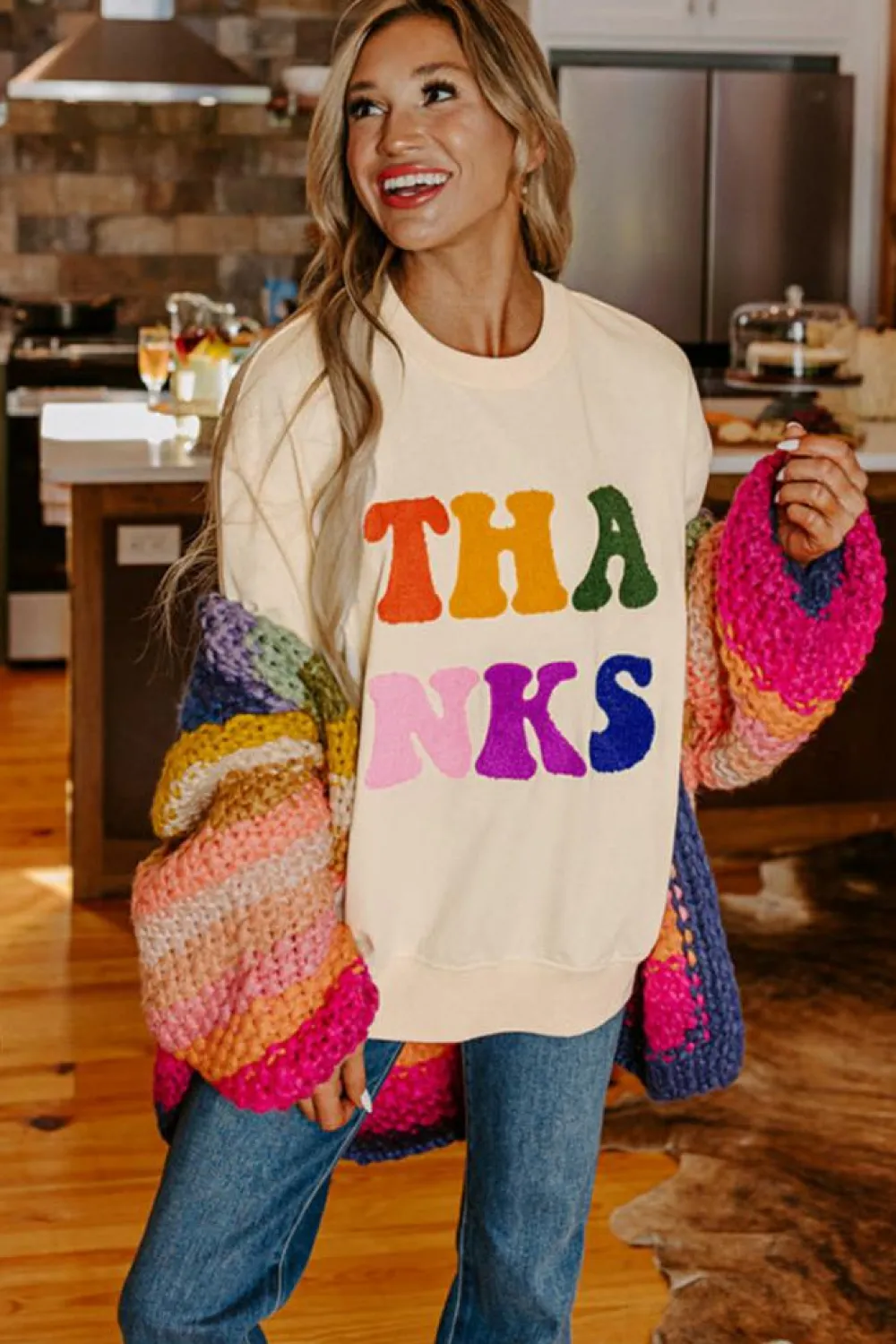 Online Dear-Lover THANKS Chenille Embroidered Drop Shoulder Graphic Sweatshirt Apricot