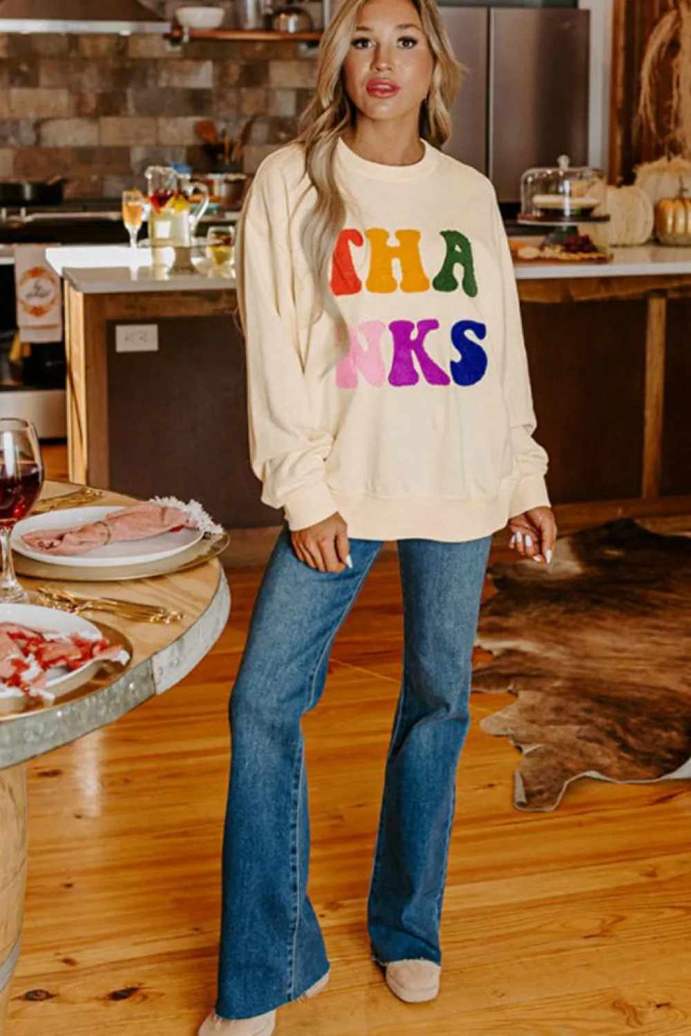 Online Dear-Lover THANKS Chenille Embroidered Drop Shoulder Graphic Sweatshirt Apricot