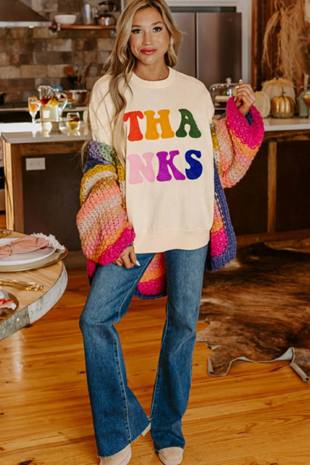 Online Dear-Lover THANKS Chenille Embroidered Drop Shoulder Graphic Sweatshirt Apricot