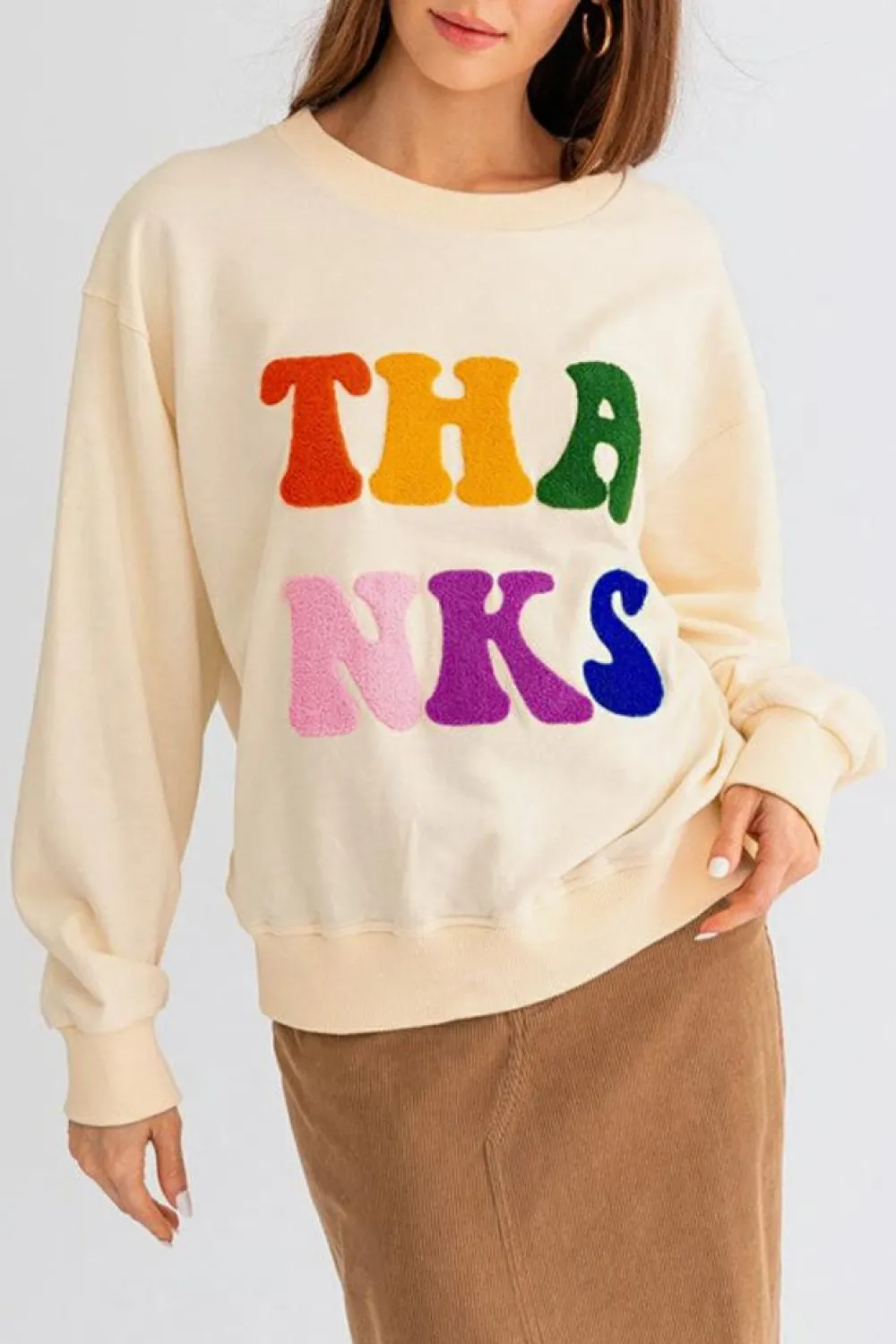 Online Dear-Lover THANKS Chenille Embroidered Drop Shoulder Graphic Sweatshirt Apricot