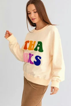 Online Dear-Lover THANKS Chenille Embroidered Drop Shoulder Graphic Sweatshirt Apricot