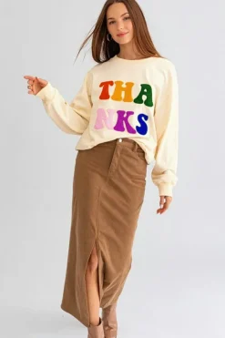Online Dear-Lover THANKS Chenille Embroidered Drop Shoulder Graphic Sweatshirt Apricot