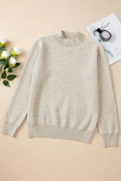 Hot Dear-Lover Thermal Lined Ribbed Knit Mock Neck Sweater Apricot