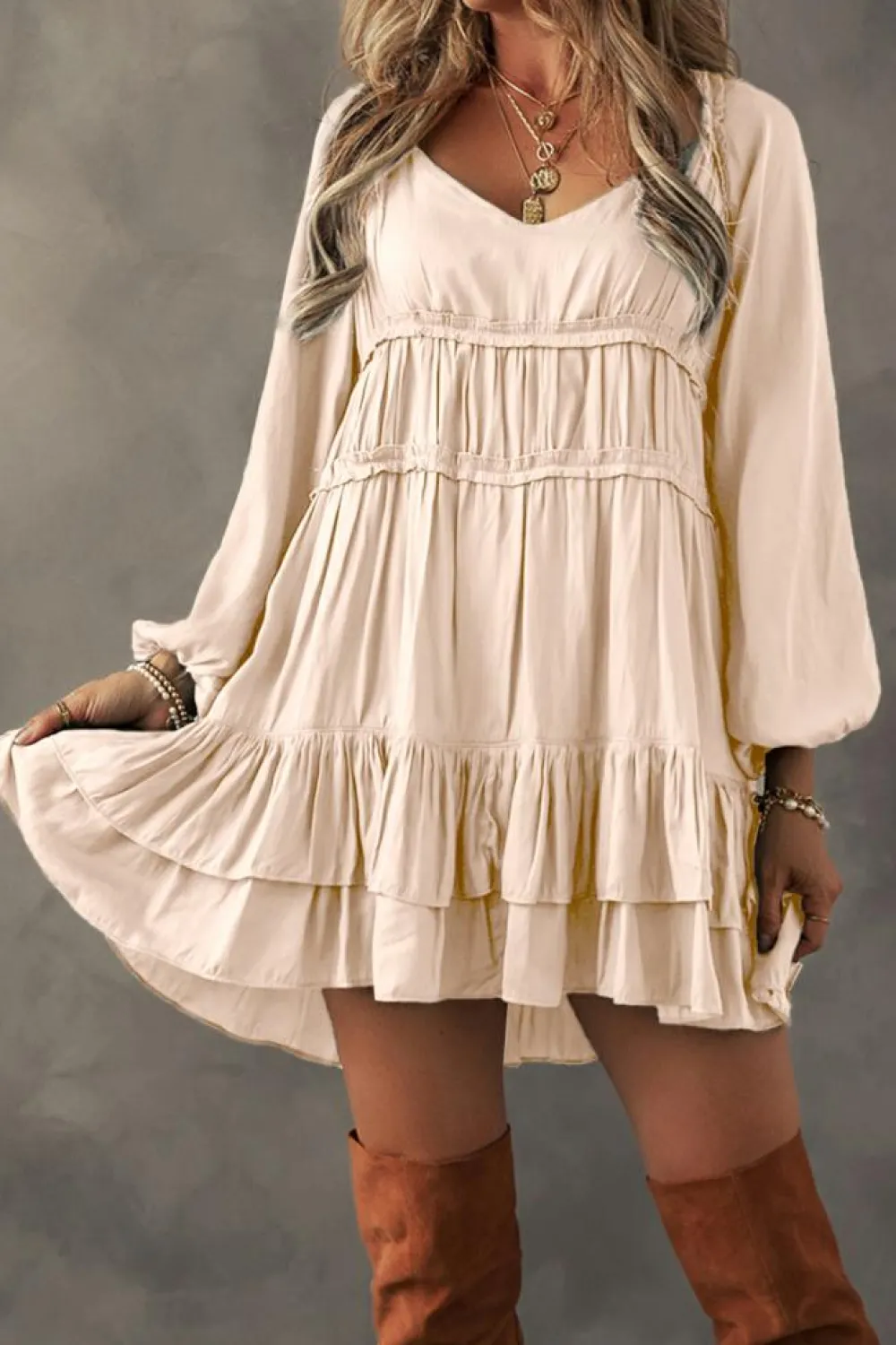 Clearance Dear-Lover Tiered Ruffled Puff Sleeve Loose Fit Mini Dress Apricot