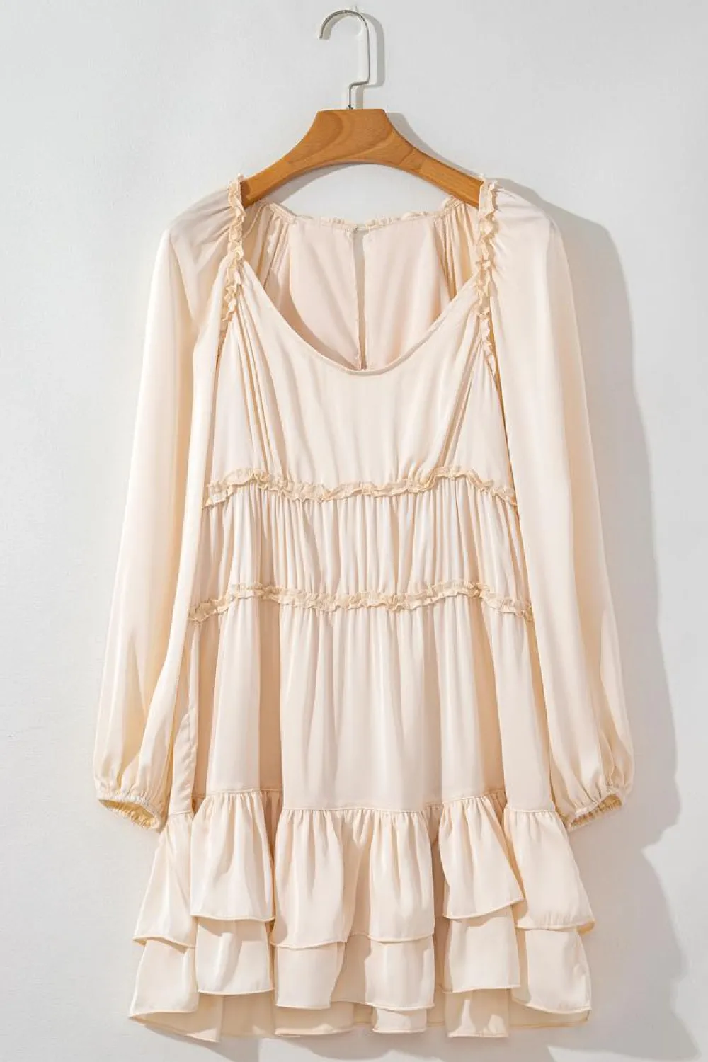 Clearance Dear-Lover Tiered Ruffled Puff Sleeve Loose Fit Mini Dress Apricot