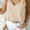Sale Dear-Lover V Neck Knotted Shoulder Vest Apricot