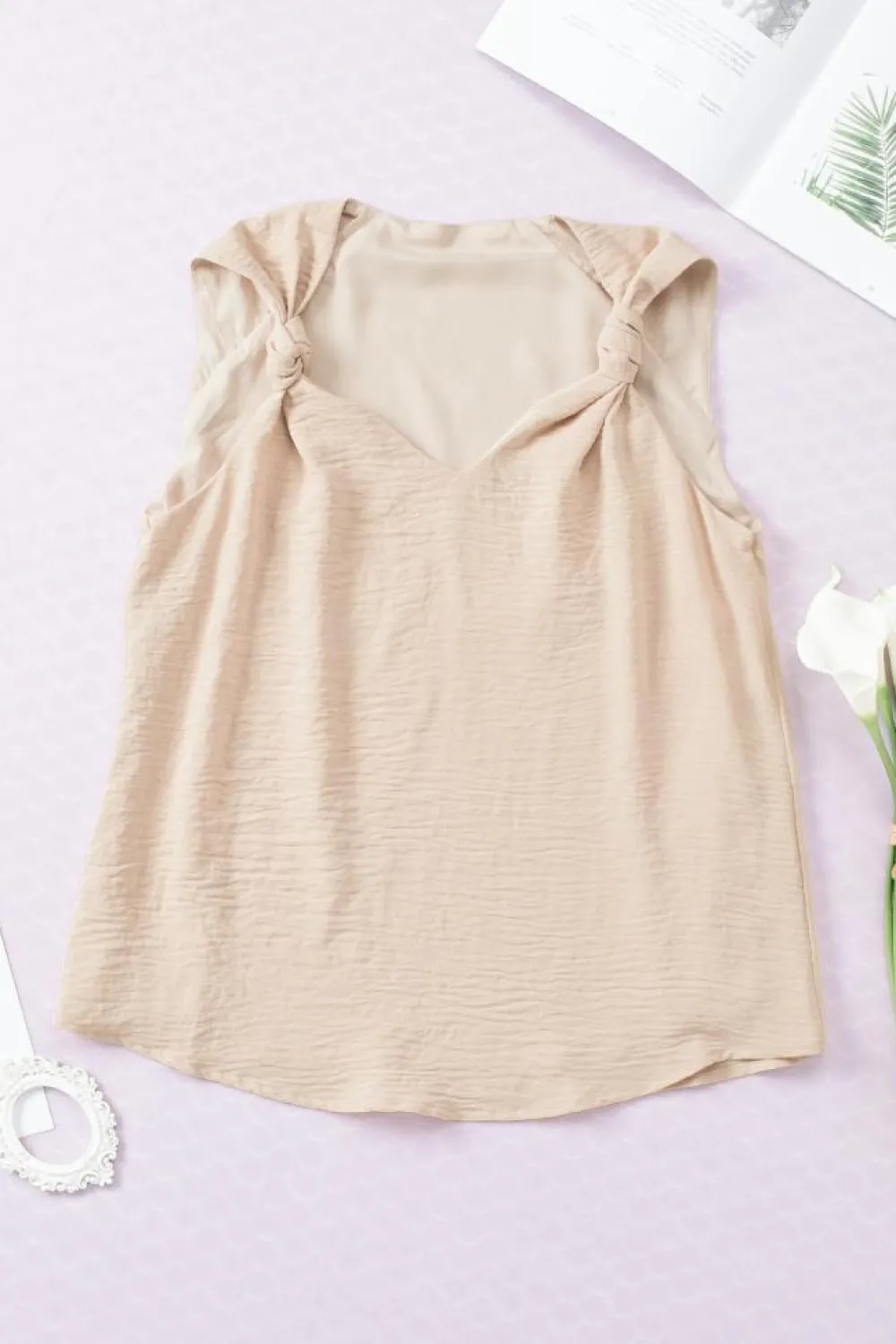 Sale Dear-Lover V Neck Knotted Shoulder Vest Apricot
