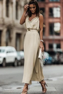 New Dear-Lover V Neck Sleeveless Maxi Dress with Elastic Belt Apricot