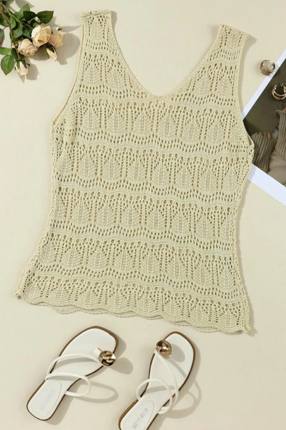 Outlet Dear-Lover V Neck Textured Hollow-out Sweater Vest Apricot