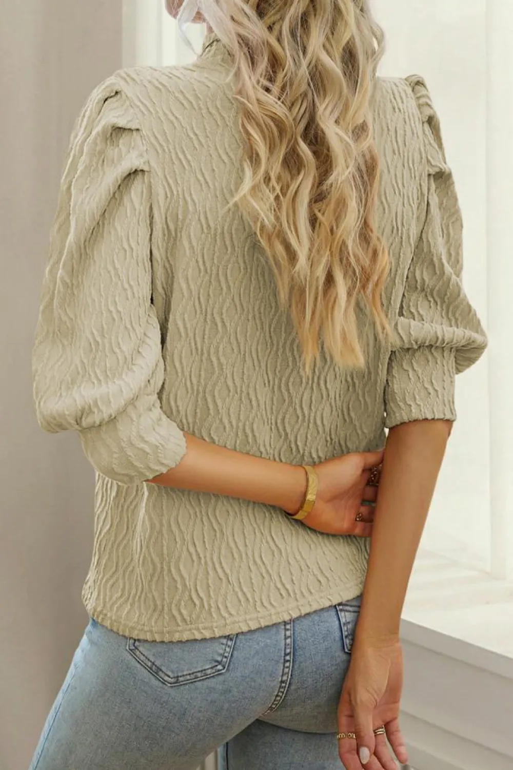 Discount Dear-Lover Vintage Textured Puff Sleeve Mock Neck Top Apricot