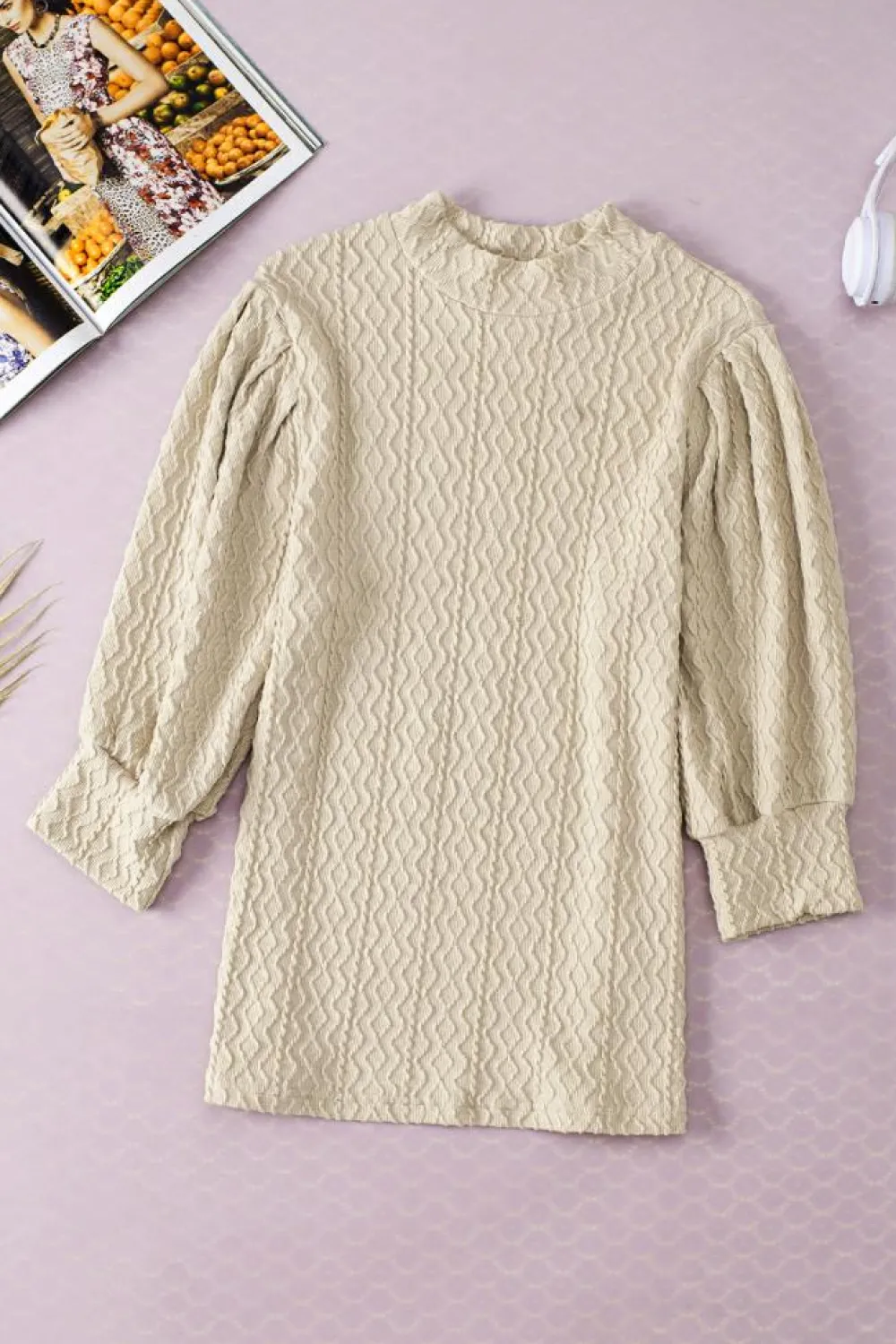 Discount Dear-Lover Vintage Textured Puff Sleeve Mock Neck Top Apricot