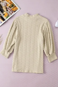 Discount Dear-Lover Vintage Textured Puff Sleeve Mock Neck Top Apricot