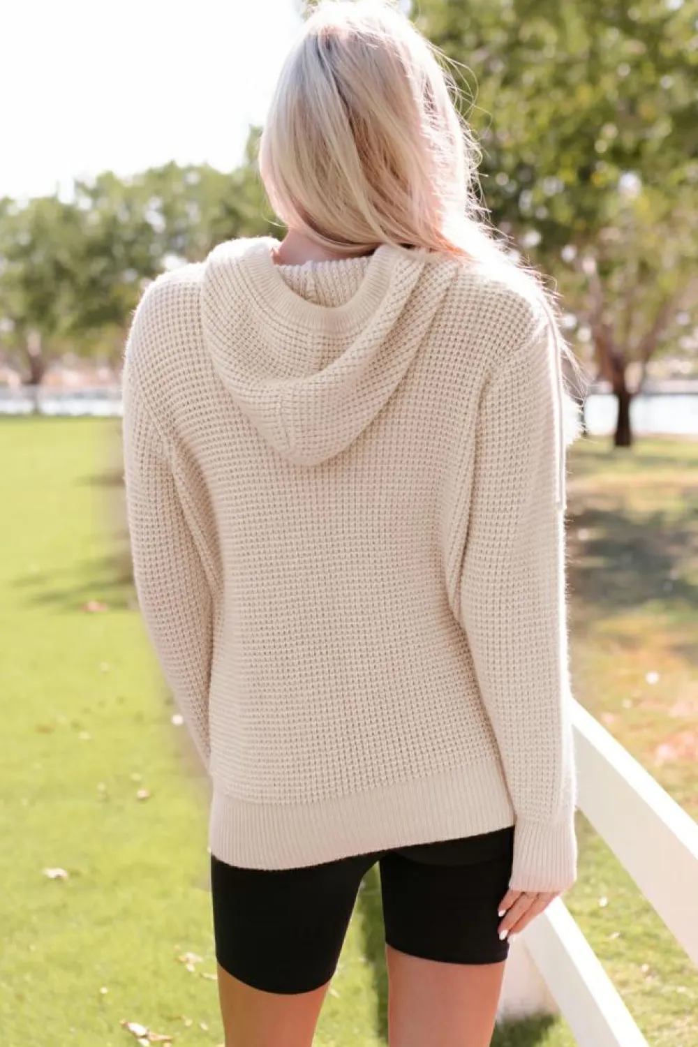 Sale Dear-Lover Waffle Knit Buttons Hooded Sweater with Pocket Apricot