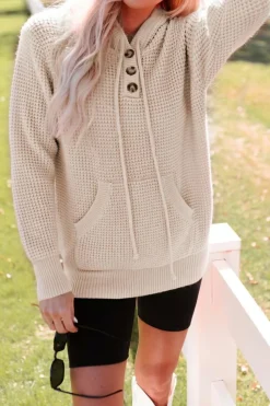 Sale Dear-Lover Waffle Knit Buttons Hooded Sweater with Pocket Apricot