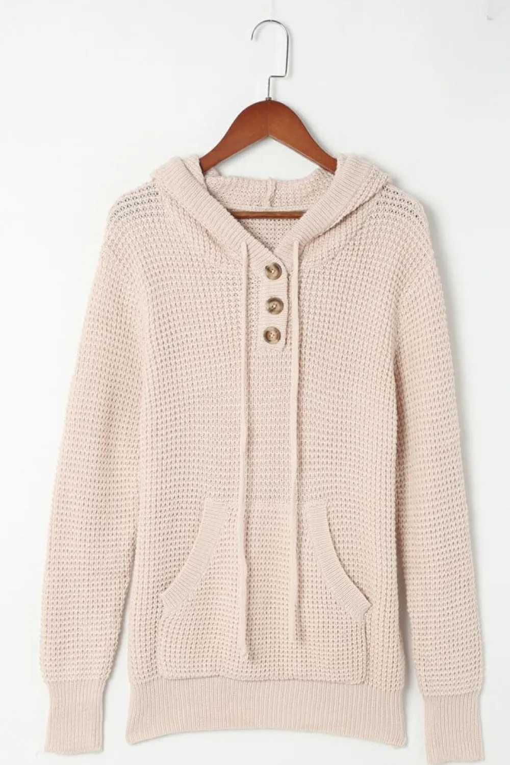 Sale Dear-Lover Waffle Knit Buttons Hooded Sweater with Pocket Apricot