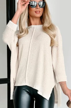 Online Dear-Lover Waffle Knit Splits Batwing Sleeve Oversized Top Apricot