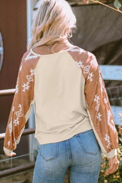 Fashion Dear-Lover Western Print Patch Long Sleeve Top Apricot