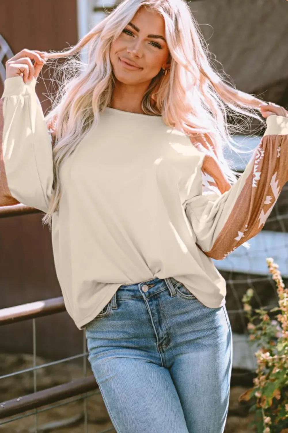 Fashion Dear-Lover Western Print Patch Long Sleeve Top Apricot