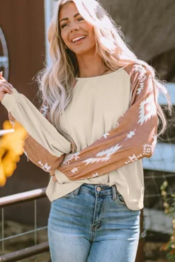 Fashion Dear-Lover Western Print Patch Long Sleeve Top Apricot
