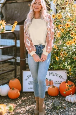 Fashion Dear-Lover Western Print Patch Long Sleeve Top Apricot