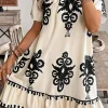Sale Dear-Lover Western Print Ruffled Short Sleeve Loose Dress Apricot