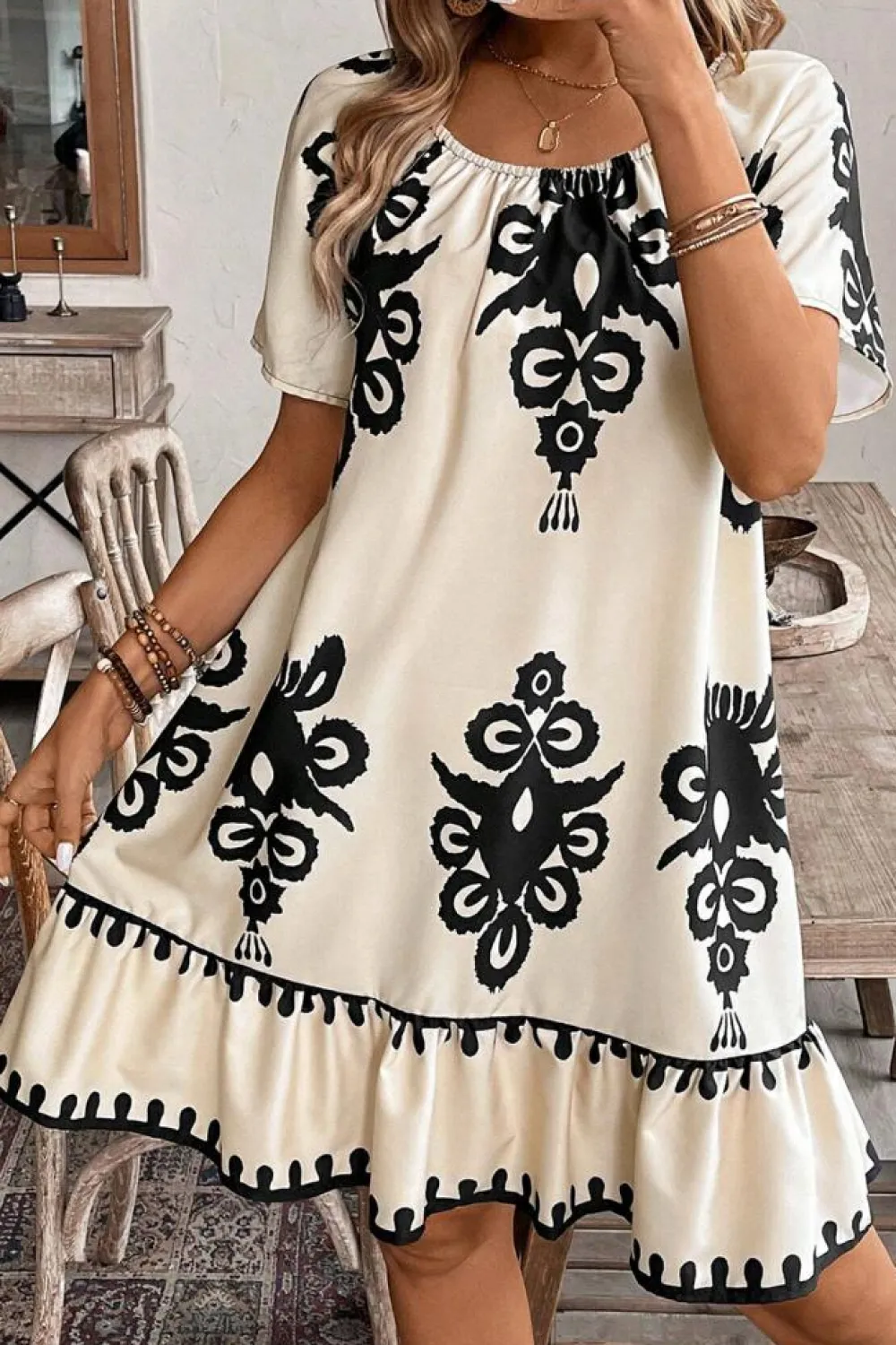 Sale Dear-Lover Western Print Ruffled Short Sleeve Loose Dress Apricot