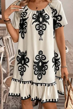 Sale Dear-Lover Western Print Ruffled Short Sleeve Loose Dress Apricot