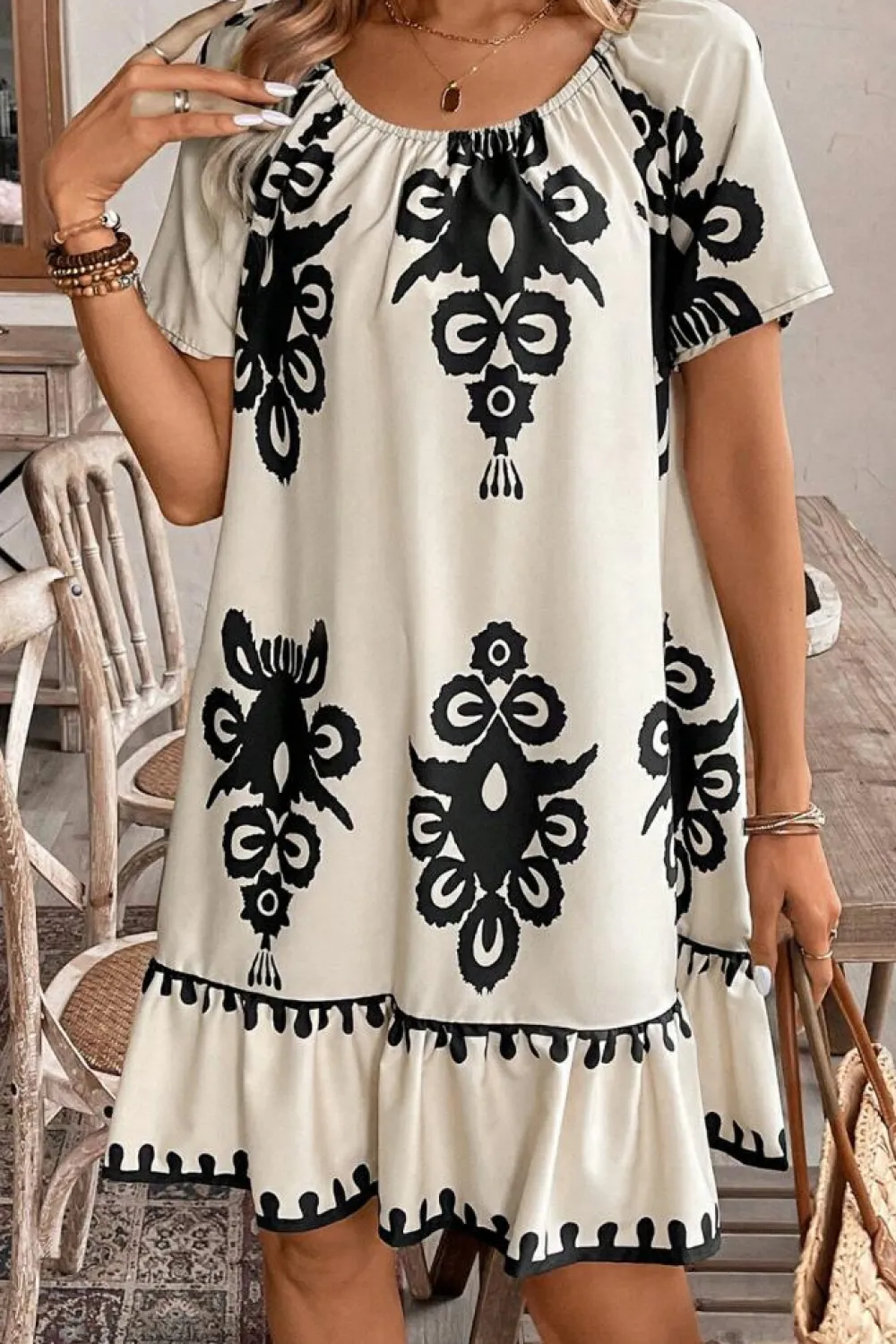 Sale Dear-Lover Western Print Ruffled Short Sleeve Loose Dress Apricot
