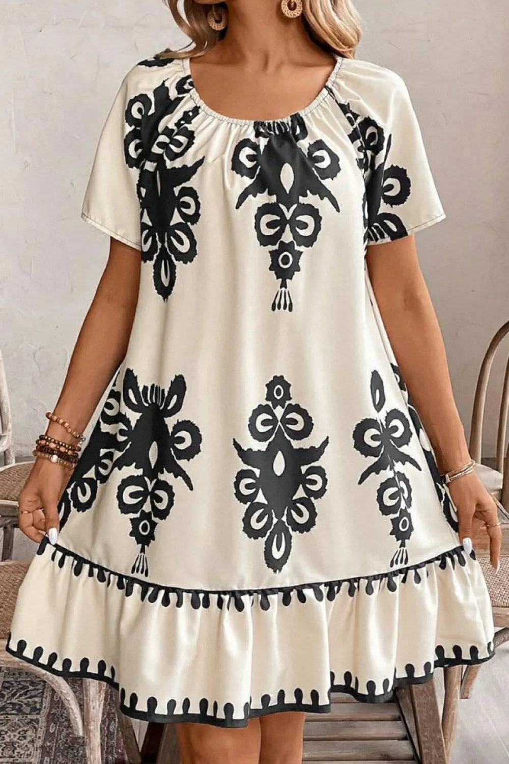 Sale Dear-Lover Western Print Ruffled Short Sleeve Loose Dress Apricot