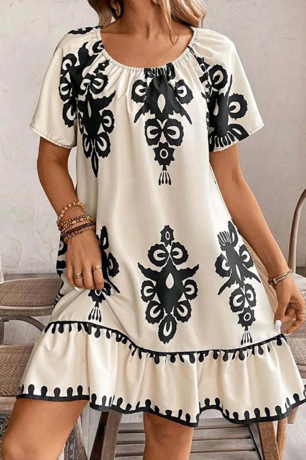 Sale Dear-Lover Western Print Ruffled Short Sleeve Loose Dress Apricot