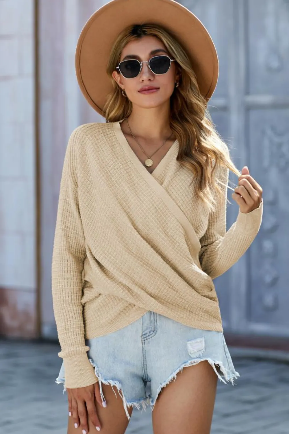 New Dear-Lover Wrap V Neck Waffle Sweater Apricot