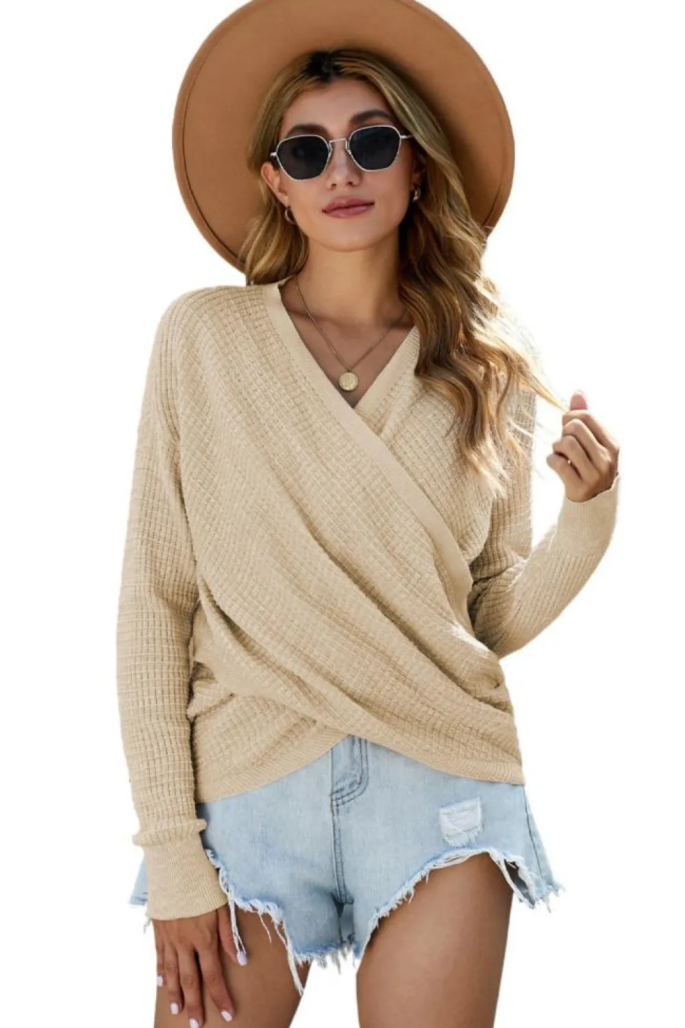 New Dear-Lover Wrap V Neck Waffle Sweater Apricot