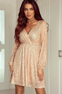 New Dear-Lover Wrapped V-neck Sequin Dress Apricot