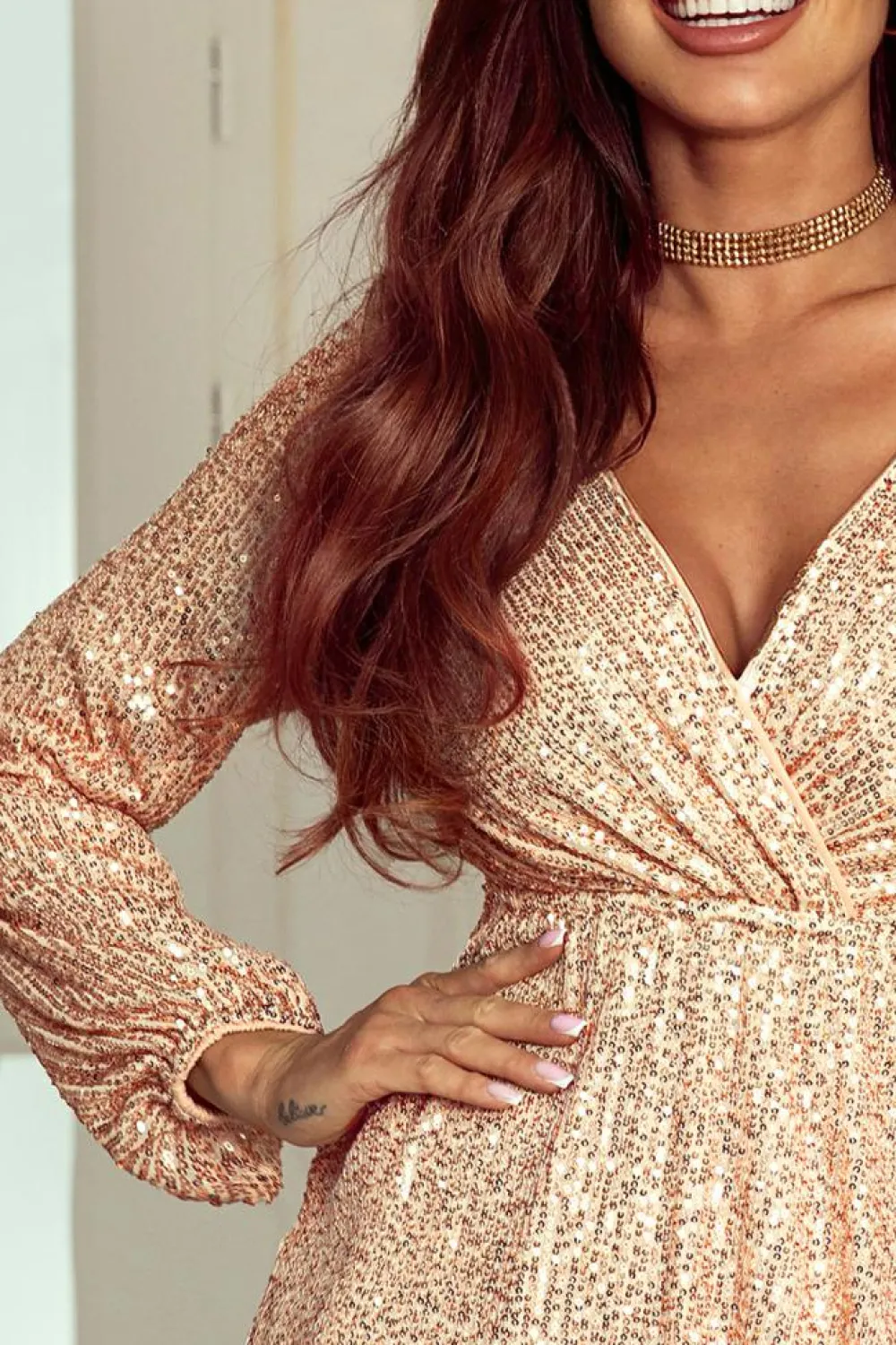 New Dear-Lover Wrapped V-neck Sequin Dress Apricot