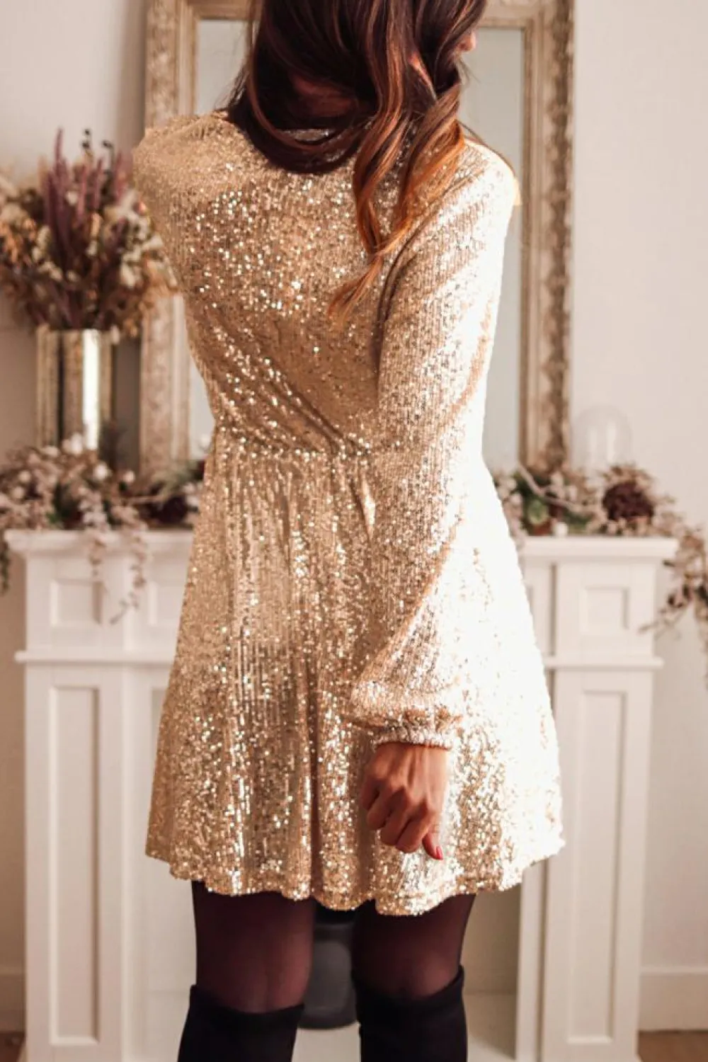 New Dear-Lover Wrapped V-neck Sequin Dress Apricot