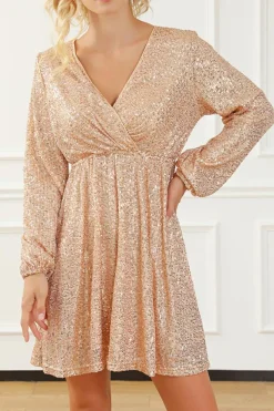 New Dear-Lover Wrapped V-neck Sequin Dress Apricot