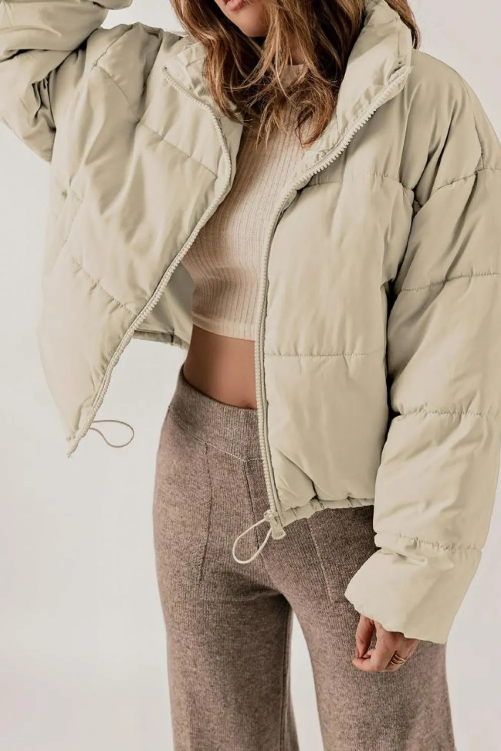 Outlet Dear-Lover Zip Up Drawstring Hem Puffer Jackets Apricot