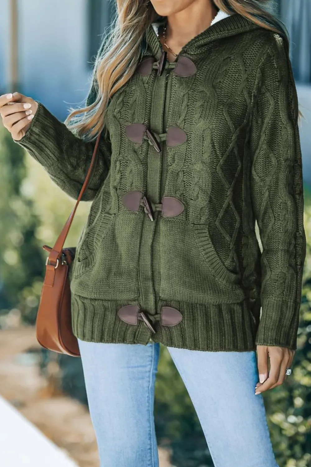 Outlet Dear-Lover Army Fur Hood Horn Button Sweater Cardigan Green