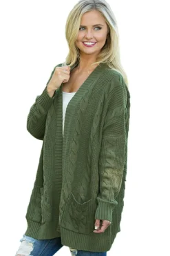 Sale Dear-Lover Army Knit Texture Long Cardigan Green
