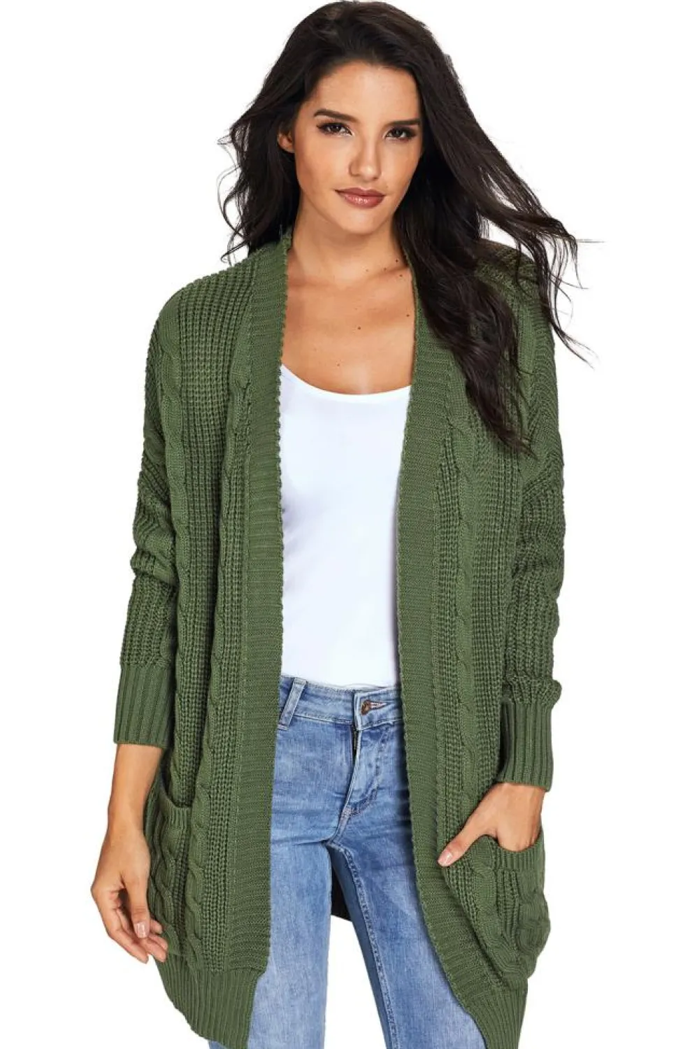 Sale Dear-Lover Army Knit Texture Long Cardigan Green