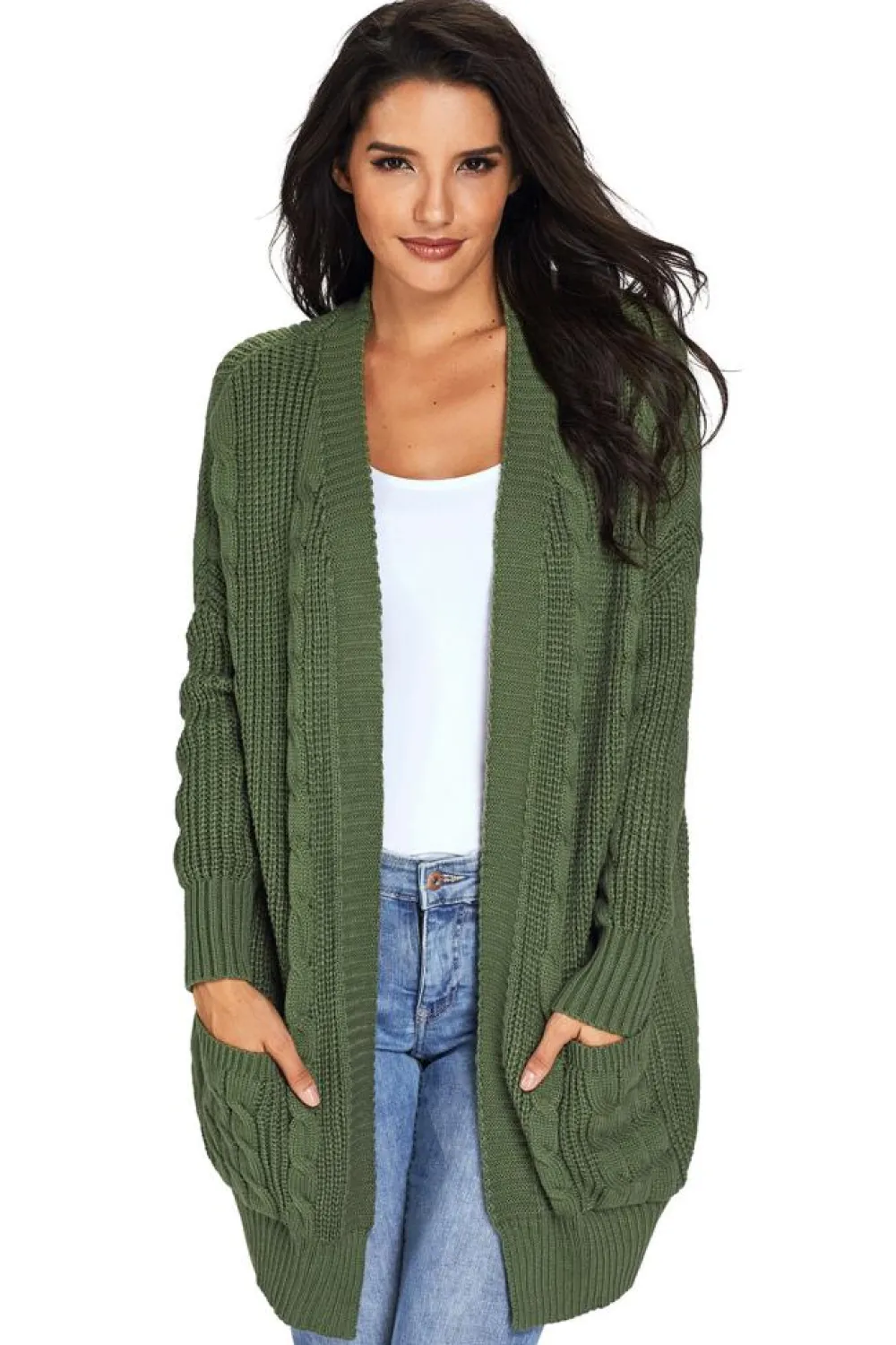 Sale Dear-Lover Army Knit Texture Long Cardigan Green