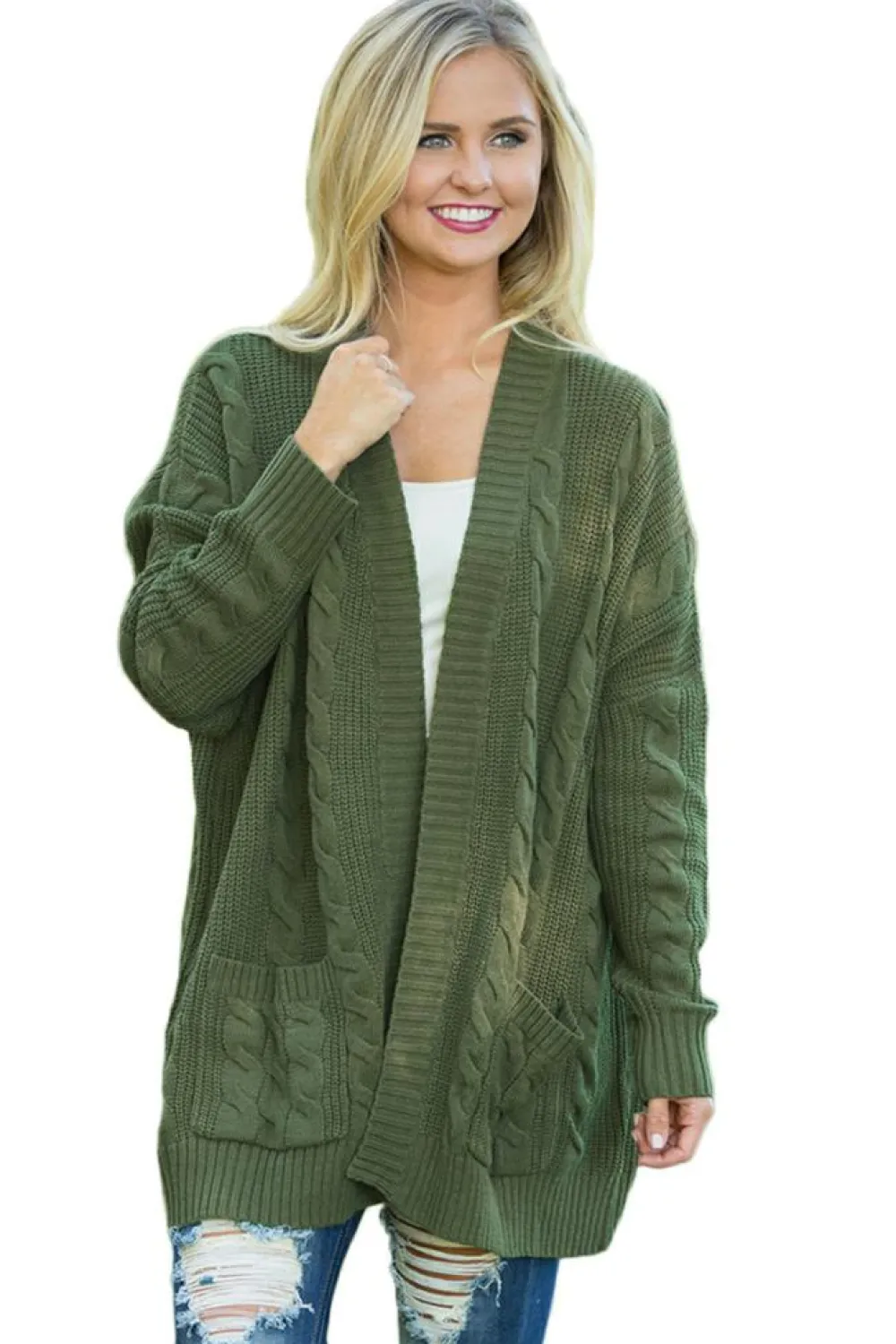 Sale Dear-Lover Army Knit Texture Long Cardigan Green